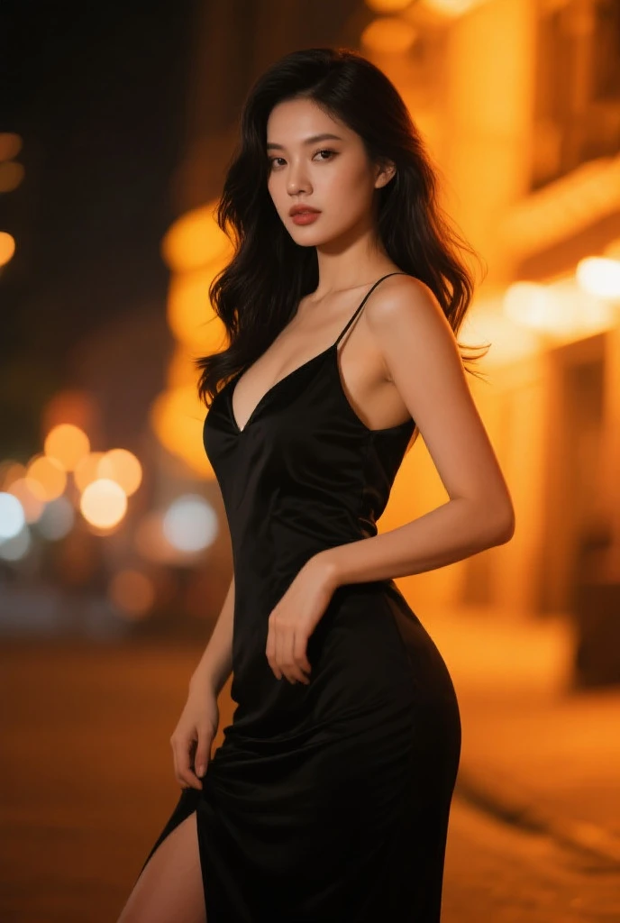 masterpiece, best quality, super high resolution, photography, realistic, super realistic, photorealistic, cinematic lighting, A young adult woman wearing a black dress and looking kindly against the night sky, cowboy shot, portrait, hill, milkyway