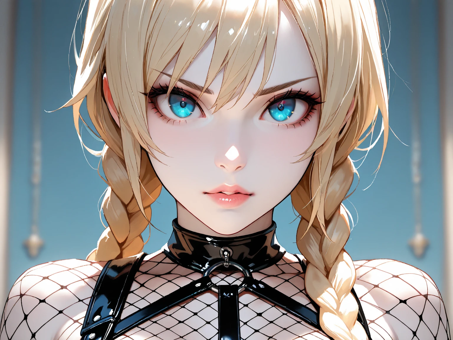 Generate a highly detailed anime-style portrait of a female character with short, blonde hair and sharp blue eyes. The art should feature expressive, semi-realistic facial features with subtle yet painterly shading. The character should be a mysterious and confident vibe. Her expression is neutral, with a slight smirk, and she wears black gloves that reflect a sleek, glossy texture. shackles and chains on her limbs, showing that she is a slave. The background should have a rich, deep red color with soft, abstract brush strokes. The overall style should blend realism with anime aesthetics, using bold outlines, detailed facial features, and dramatic lighting to create a moody and atmospheric scene. The color palette should be vibrant yet harmonized, with strong contrast between the character and the background. make her sad for be a slave. She's hurt
