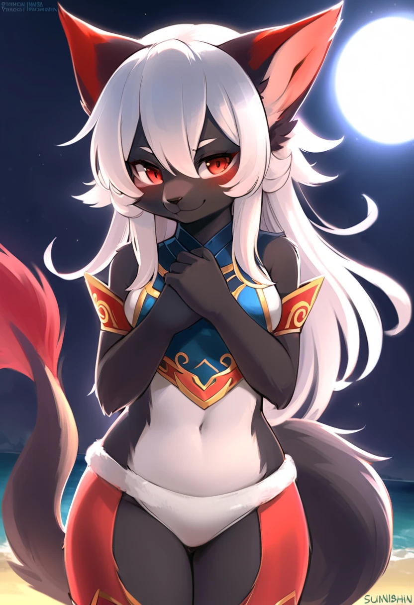 ((masterpiece, best quality)), (Pokémon), (umbreon) (furry), 4k, Detailed, Intricate Details, solo, one character, eye patch, woman with an eye patch, best quality, (female), fluffy fur, (tail), (2 ears), exposed navel, detailed breast, long flowing hair, fluffy fur around the neck, good anatomy, wide hips, wearing black poncho, looking at the viewer