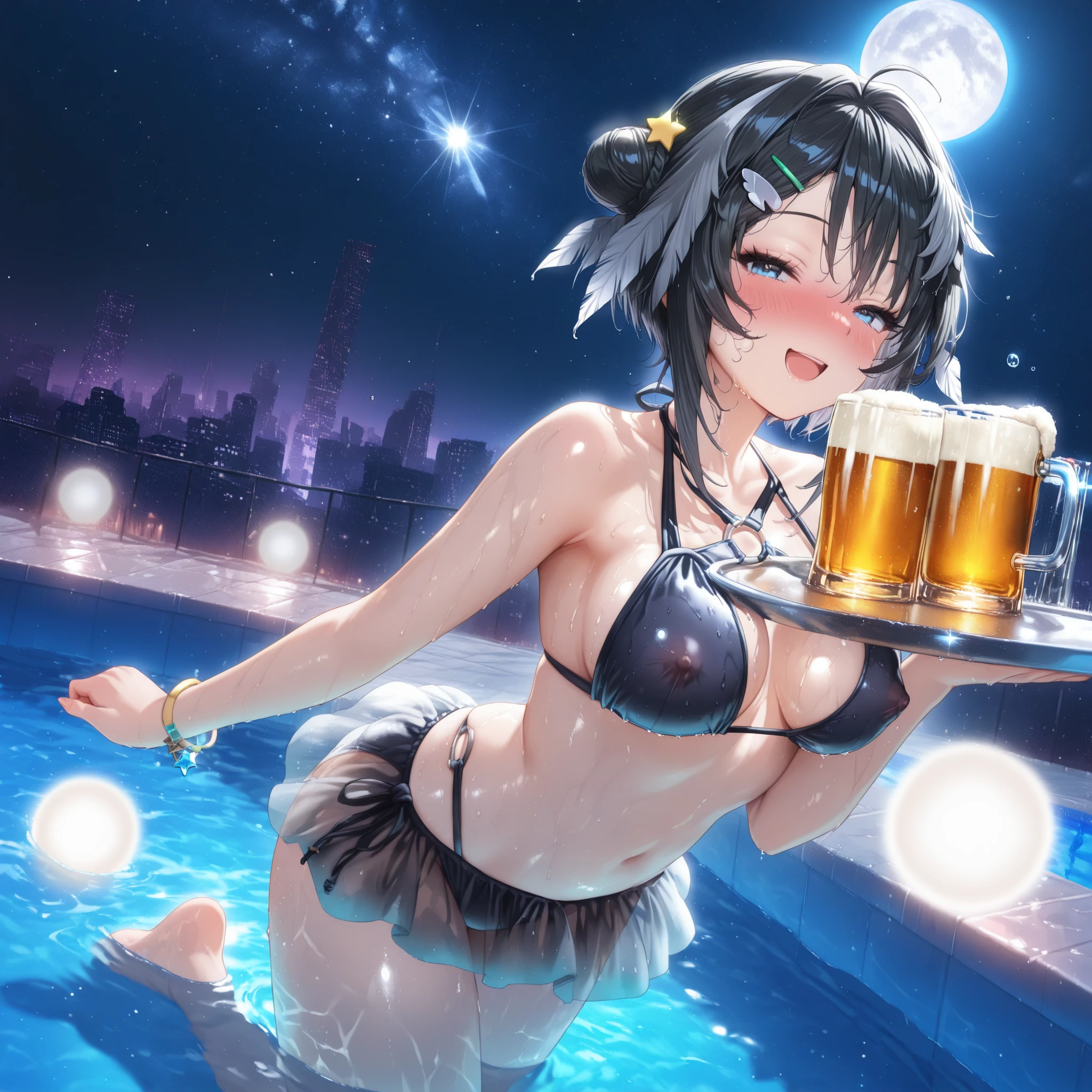 best quality, high resolution, high definition, deep depth of field, pool party, women in bikinis, sunny summer day, sunshine, dancing people, colorful drinks, DJ booth in the background, 