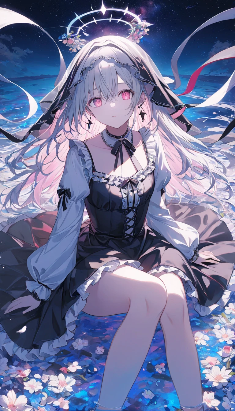 Anime girl long hair, from the night of the ark, fine details. (1girl:1.5+female_character:0.8+sit:1.2+rubble+Arknight, Girls' Frontline: 1.2, highly detailed), (Arknight: 1.2, Girls' Frontline: 1.2, feminine aesthetic), style shadow universe, scene in the universe (outer space), Girl Front. （Artstation:0.8+Pixiv:1.2+Guweiz on Artstation）