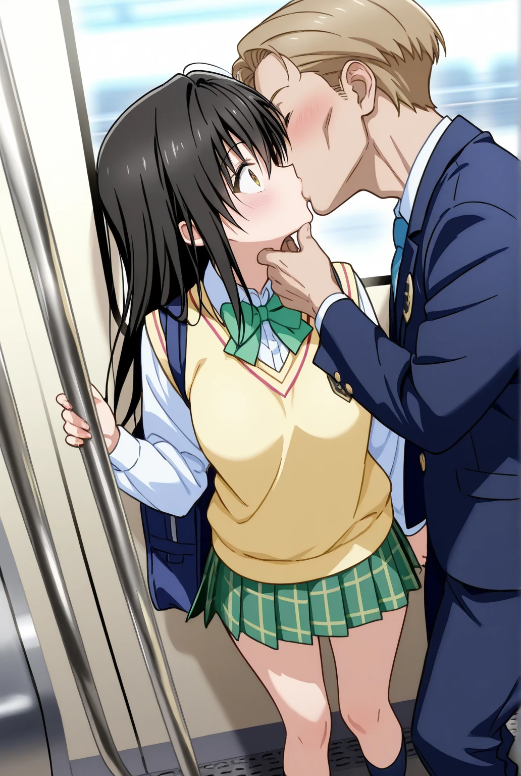 A girl is standing on a train, crying and refusing to move. She is topless, wearing no underwear, wearing a checked skirt, her nipples are erect, she has short black bob hair, small breasts, and pale pubic hair. A molester forces his arm around her shoulders, lifts one of her legs, and inserts his penis into her vagina.