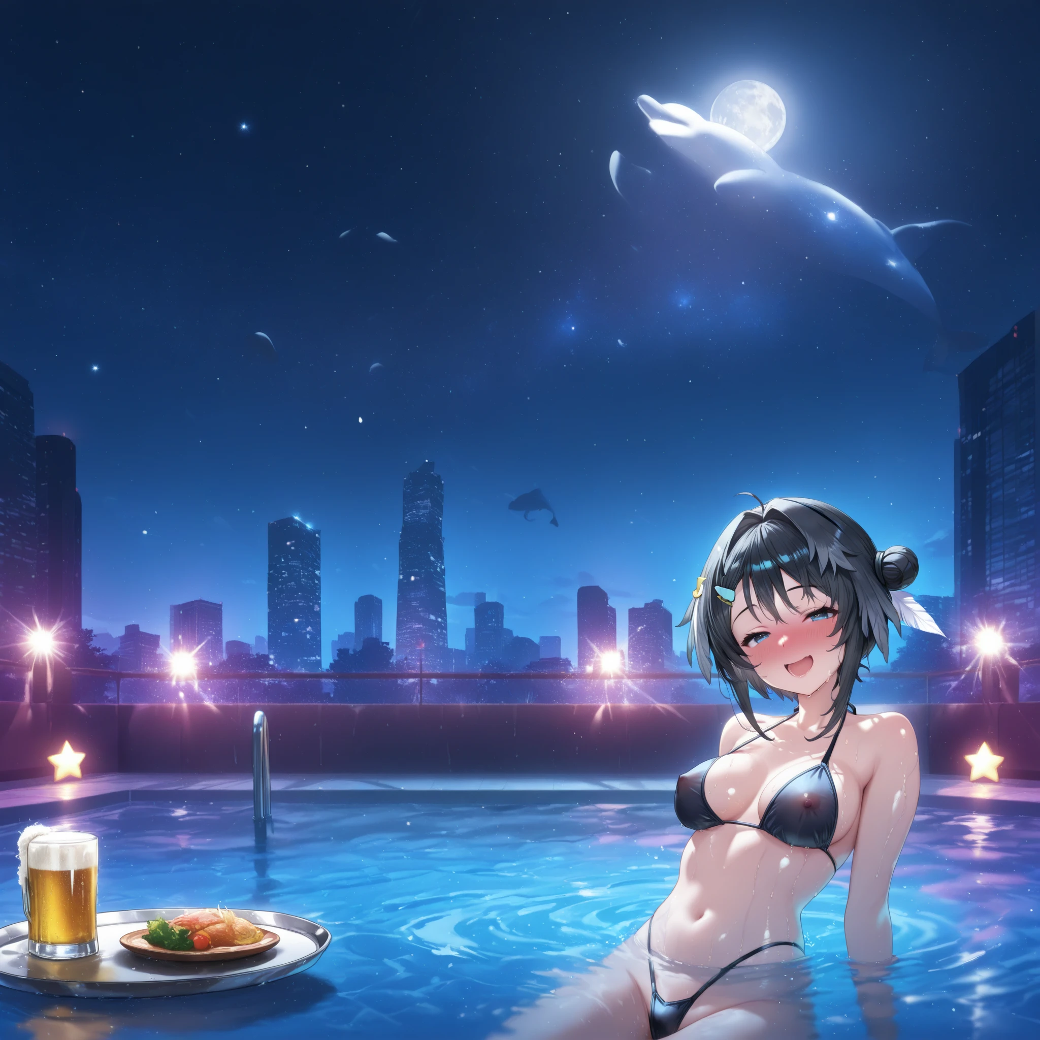 jeune femme de 25 ans, brune, professional lighting, flash lighting, nuit noire, On a secluded beach, a genoux au bord de l'eau, maillot de bain à fleurs, calendar girl