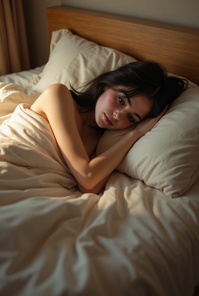 melhor qualidade,Realistic: garota 18 anos, com olhos fechados de sono dormindo, dormindo na cama, no quarto, pingos de chuva na janela do quarto, de noite chovendo fora do quarto.