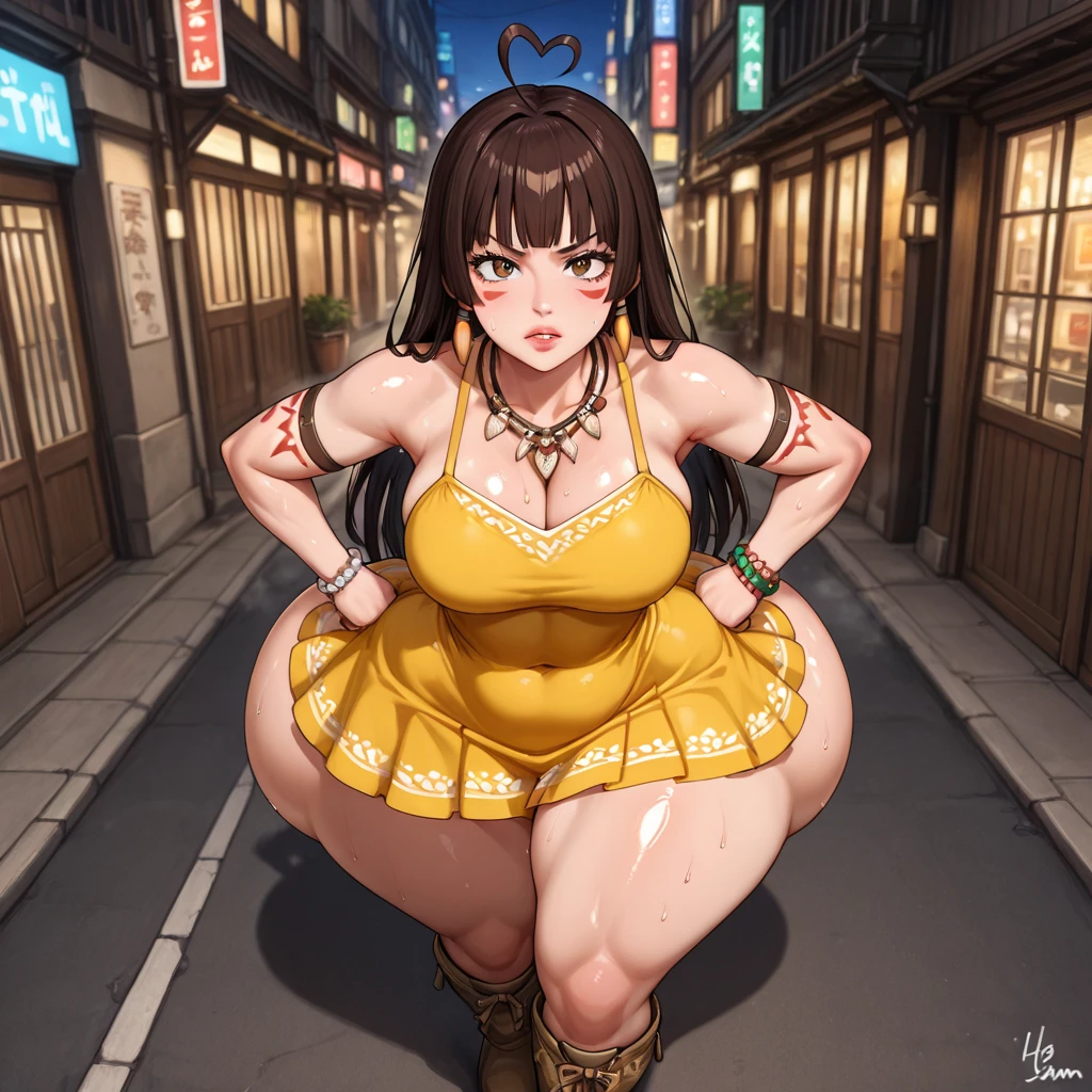 ((high res)), (Masterpiece), perfect anatomy, perfect shading, field of depth, (best quality), extremely delicate and beautiful, perfect lighting, detailed face, ultra cute face, cute, (cowboy shot 1.2), looking at viewer, full body, ((1girl)), ((solo)),
short hair, fluffy hair, brown hair, green eyes, ((blush)), nervous (chinese split dress 1.2), extremely tight clothes, medium breasts, cleavage, perky breasts, (((wide hips))), ((thick thighs)), (chubby), chubby belly, fat rolls, belly hang, messed diaper, overflowing diaper, peeing, brown stained diaper, messed diaper, messing her diaper, squatting, blushing
street, town, chinese festival, night time, intricate background, detailed background, standing,