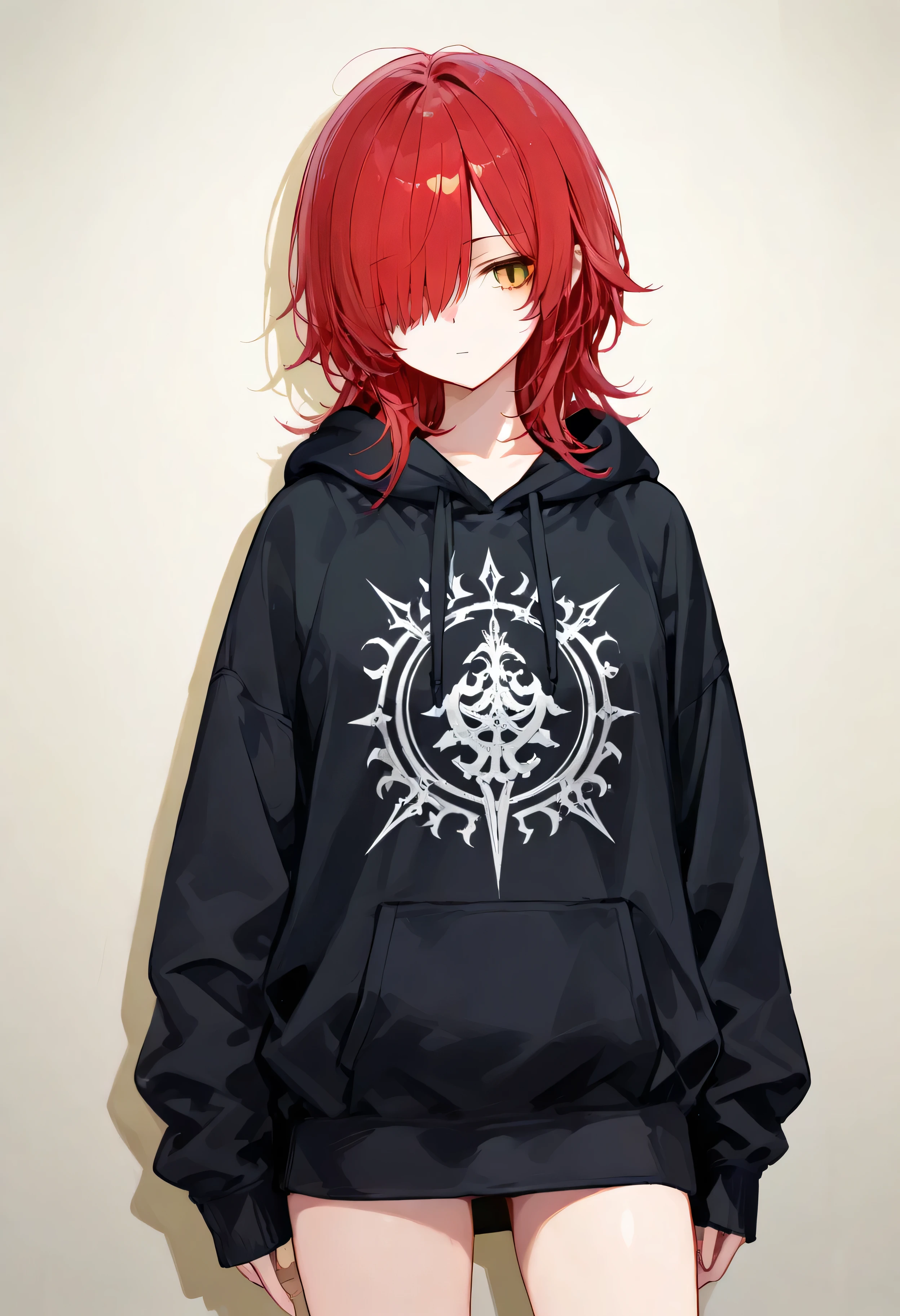 super fine illustration,1girl.(white backgrond),hair over one eye,tachi-e,standing,cowboy shot,hair,black hoodie,red hair,yellow eyes