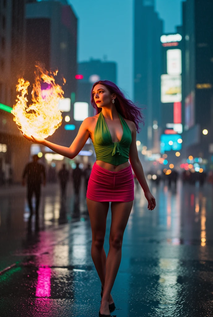 biracial latina with light blue eyes, long light blue hair with big large breasts, hold fireworks sticks, at night on top of building cities, reflect of firework on her face ,Résolution Haute, photoshoot, Grand angle,