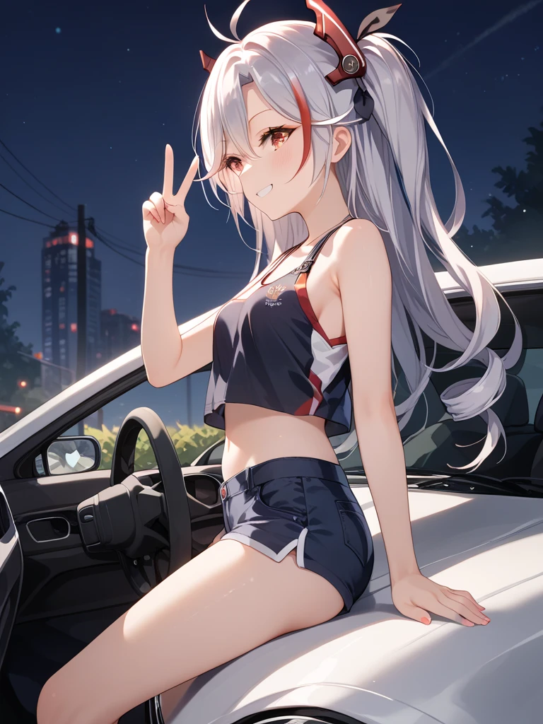 ((Best Quality)), ((masterpiece)), (detailed), 1 white-haired girl with provocative white clothing and sexy shorts, beautiful and her breasts showing her big butt, H cup, next to a car in the city at night, Japanese, outside on the city street, elegant style, the car that is well accommodated, nothing deforms everything Perfect the girl who is potion showing her butt with a two-finger sign in the car