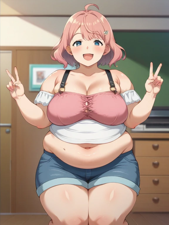 Extremely fat woman in black bra and ripped blue jeans, she has an extremely jiggly fat round belly, her belly is extremely fat and round, super chubby belly, belly tucked into pants, belly button showing, her belly button is exposed, belly exposed, bouncier belly, bigger stomach, thicc, plus-sized, doing a hot majestic pose, body swelling about to explode, ssbbw, 500 pounds of fat, stomach vibes, massive buttocks, massive butt, super big butt, super perky ass, butt rips jeans, large breasts, perky breasts, breasts bulge out of bra, breasts are shiny, long wavy hair, ginger hair, freckles, green eyes anime art style, from an anime, big shiny anime eyes, anime mouth, tiny cute anime nose, freckles, blush