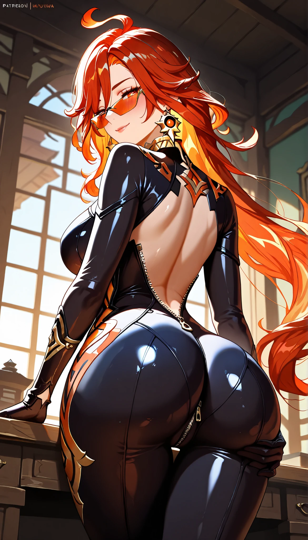 (masterpiece:1.2), (best quality1.2), detailed,, 1 latina girl ,(mature), open forehead,curly hair, (medium hair), red hair, green eyes, harness, thigh gap, small medium breasts, large hips, red lipstick, choker, (top-down bottom-up:0.8), (hunk grabs waist), (from behind)