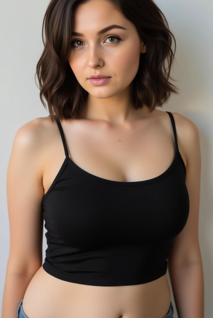 a portrait of <lora:B3th:1> in front of a [plain black background] wearing a black tank top, collarbone, [headshot], [centre frame], looking at the camera, facing the camera,
 dynamic lighting, 
photorealistic, high detail, detailed, masterpiece, 8k, highres, flawless, colour, professional