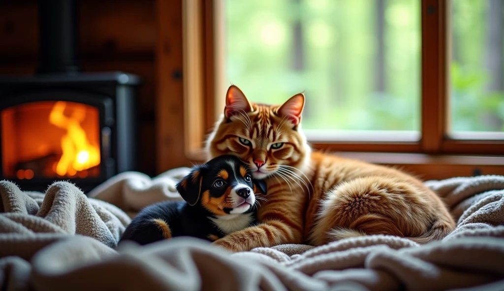 I want a black and white cat with a black nose and green eyes, and together there is a brown Pincher with some white hairs and a short, chubby caramel dog with pointed ears. They are on the bed, two dogs and the cat. 