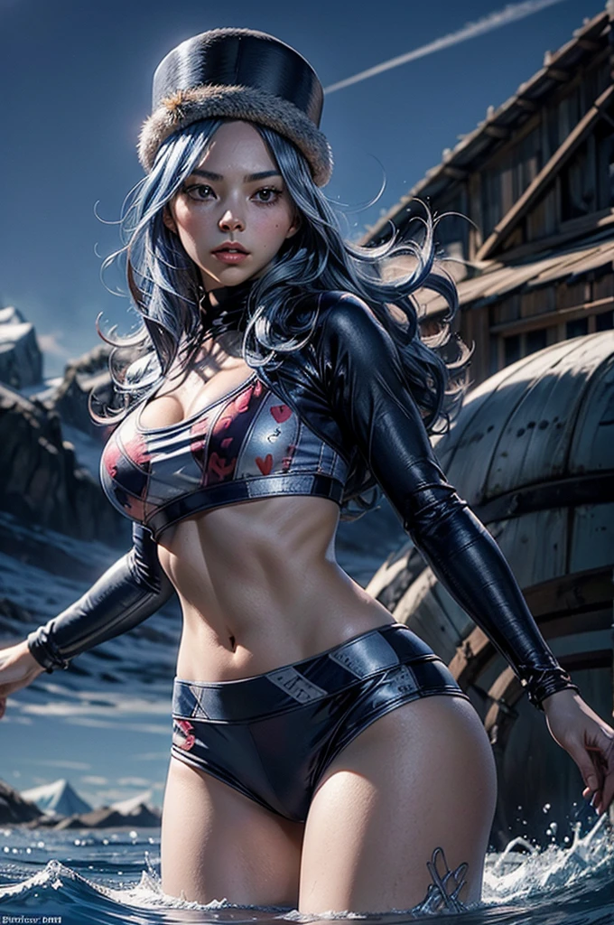 high resolution,photorealistic:1.37,1woman,solo,hips up,look at viewer,detailed face,sea blue hair,heavy armor,fitness body,jewelry