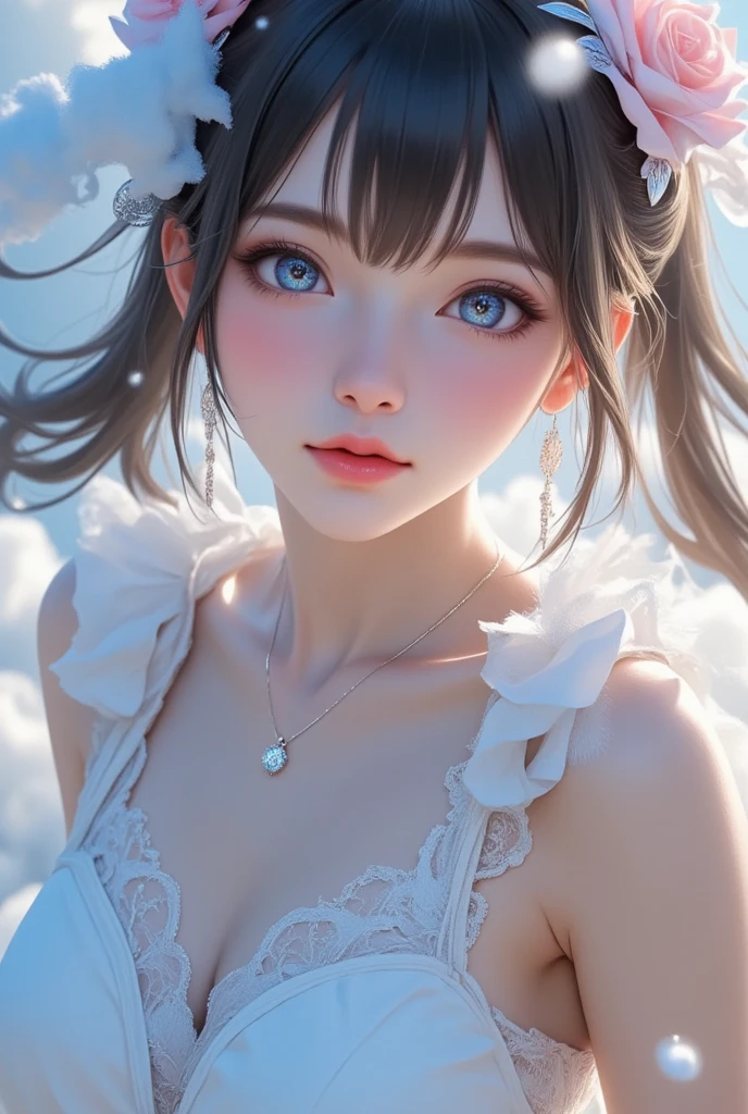 最high quality, masterpiece, High resolution, One Girl, Porcelain Dress, hair accessory, necklace, jewelry, Beautiful Face, On the body, Tyndall effect, Realistic, Dark studio, Edge lighting, Two-tone lighting, (Skin with attention to detail: 1.2), 8k UHD, Digital SLR, Soft Light, high quality, Volumetric Light, Frank, photograph, High resolution, 4K, 8k, Background Blur,Beautiful big eyes、charm、Luxury dresses,high quality、Very delicate、8k