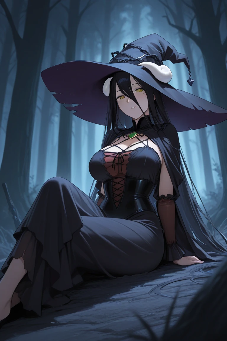 A beautiful woman, witch queen, Erina Nakiri, witch woman, adult woman, mature, tall, long black hair, 30s appearance, she has red and blue heterochromatic eyes, delicate eyes, well-aligned eyes, extremely detailed, wearing a rings on the fingers, extremely detailed hands, delicate hands, black witch's hat, wearing a black dress, dress well proportioned to the body, classic witch's dress, adorned in gold on the edges, parted on the sides, delicately showing the legs, high heels, posing frontally in a mystical forest, mystical forest background, illustration style, ((big breasts)), perky breasts, perfect waist, above average ass, Alone, well-proportioned body