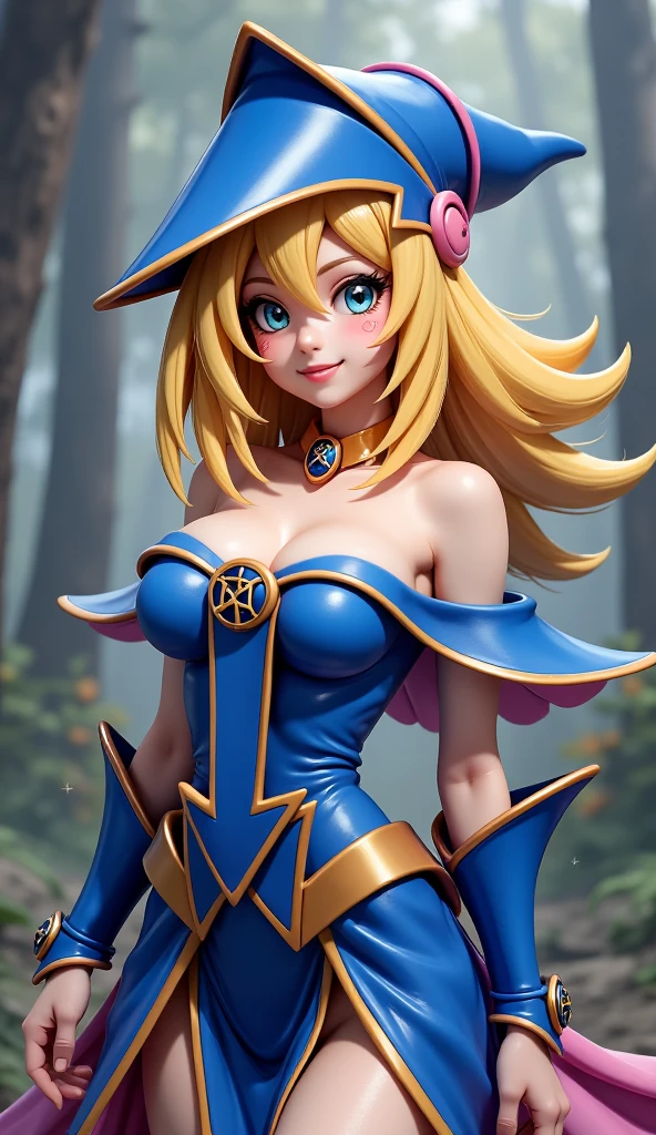 Dark magician gils en el aire, she is standing jumping, Magic hearts background. Sonrisa en sus labios. Ojos celestes. Cabello dorado. Pose sensual. Levitando en una pie. Tiene tacones. 1.1 Usa tacones azules y dorados . Usa tacones