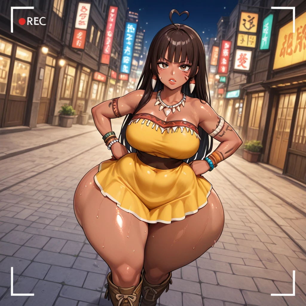 Hu tao, city, view from a sky, giantess, crushing city, tiny building under a character, huge breasts, growth, enlarge, expanding, expansion, outgrowing city, wide hips, huge thighs