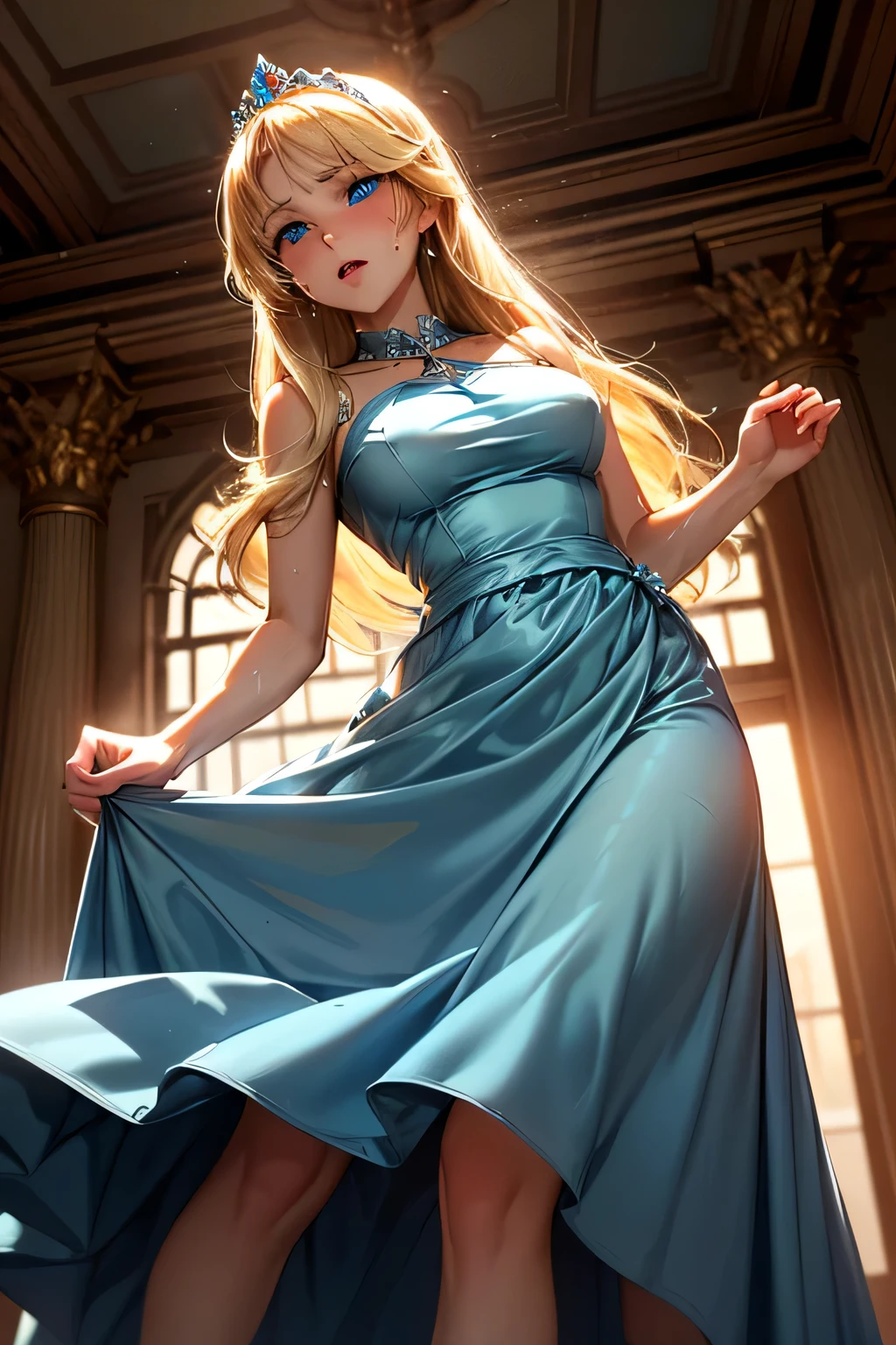 cute Japanese girl in a  Wrap Dress: Crosses in front and ties at the waist, creating a V-shaped neckline. dress , Updos: Elegant styles like chignons or twisted updos. hair style, blond hairs hairs,, blue dress, gaming , smiling face, short dress full straight standing pose, 14yo student, , Full body, modern girl, games girl, Simple white background,,, design sheet, HD, full body, standing, modern futuristic dress, front view