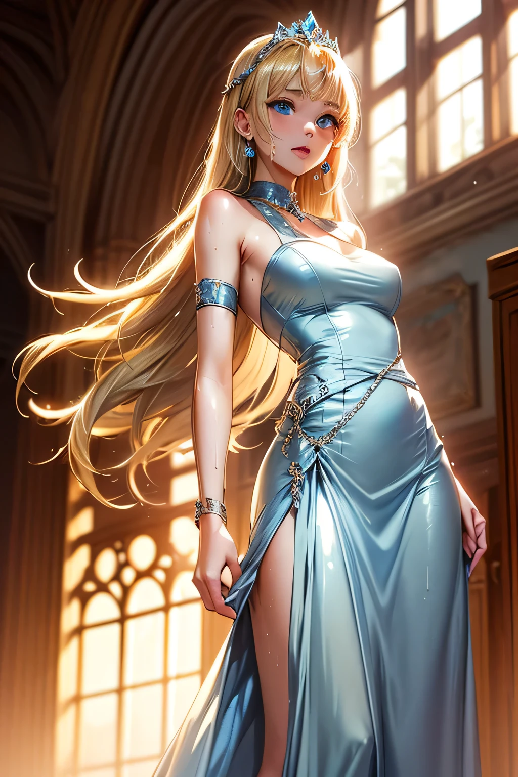 Evelyn, a giant 70 meter sorceress, emerges from the ruins of an ancient temple at dawn, her golden skin shining with the first rays of the sun. Her long, wavy hair falls in golden cascades over her shoulders.. Standing among the remains of fallen columns, His posture is majestic and tempting, with one leg raised on a broken pillar and one hand holding a gem-adorned scepter, while the other caresses her thigh. His eyes, full of mystery and desire, They look at the tiny humans at their feet, mesmerized by his imposing presence. His lips curved in a suggestive smile and his athletic, sculpted body exude an aura of arcane eroticism., enveloping everyone present in a spell of submission and veneration.
