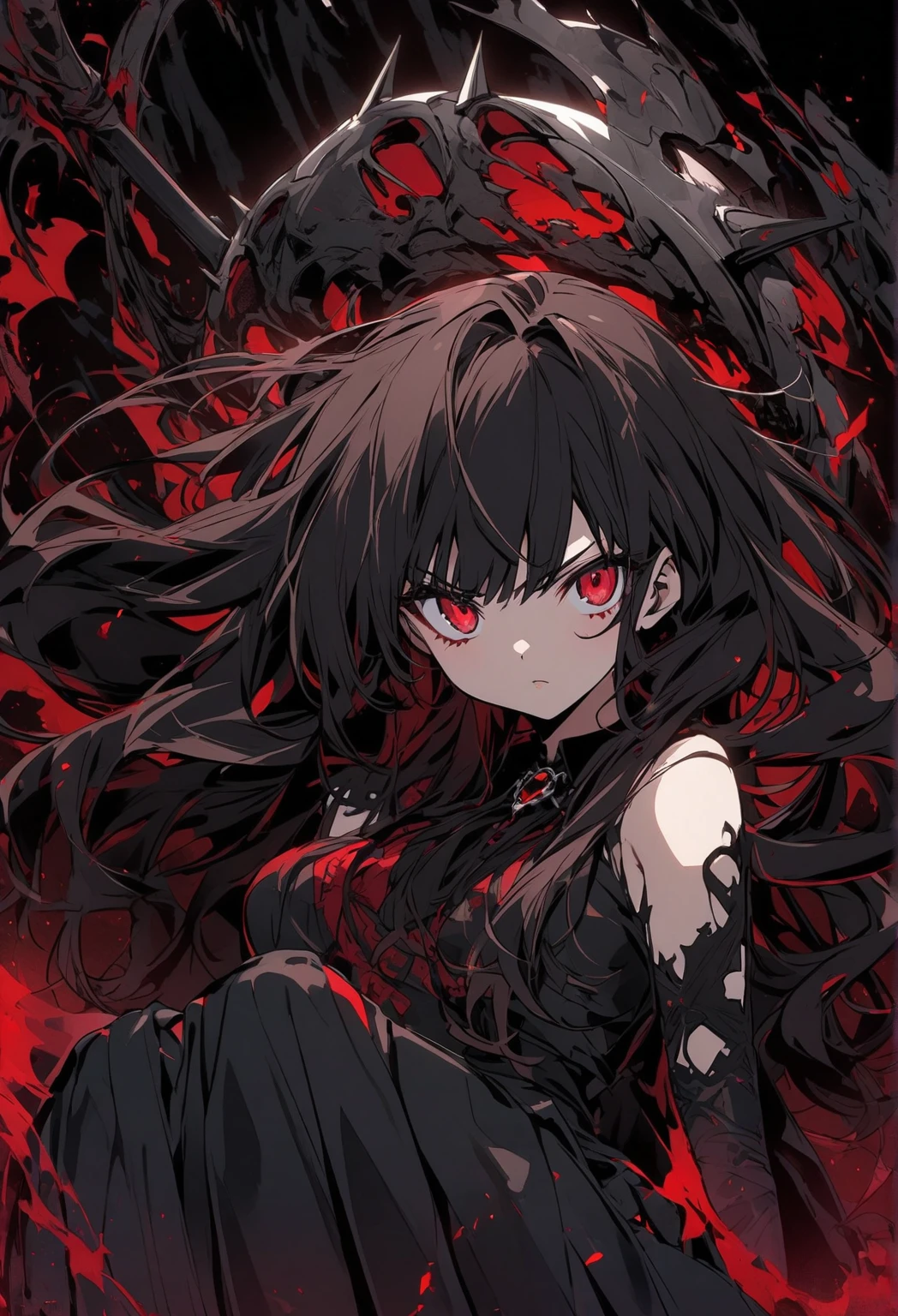 young woman, pale and white skin, wide, wavy and black. Red eyes and a black dress