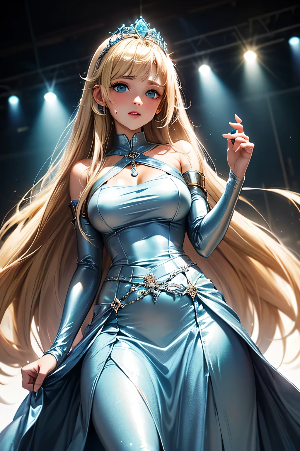 (((masterpiece))), (((best quality))), ((ultra-detailed)), (illustration), ((an extremely delicate and beautiful)), ((super detail)), ((high resolution)), (((20 years old))), metallic cloth, (cheerleader), (super heroine), (android), delicate metal decorations, gleaming skin, shiny body, two legs, breast focus, (((tall))), slender legs, ((big round eyes)), cute eyes, drooping eyes, ((adult)), two hands, five fingers, no extra hands, elegant smile, braid, ((metallic blue)), (see-through), (dark blonde), ((ultra-huge breasts)), (shining brightly), outdoor, mini skirt, daytime, ((biopunk)), (hair shorter than shoulder), (medium length hair), gynoid, garden, city, ((midriff-baring outfit)), (no mob characters),