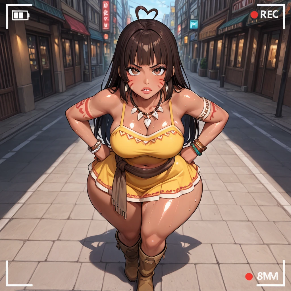 black hair, female, twin drills, solo, smol, pink eyes, massive breasts, very long hair, wear yellow tight bikini, masterpiece, ultra high quality