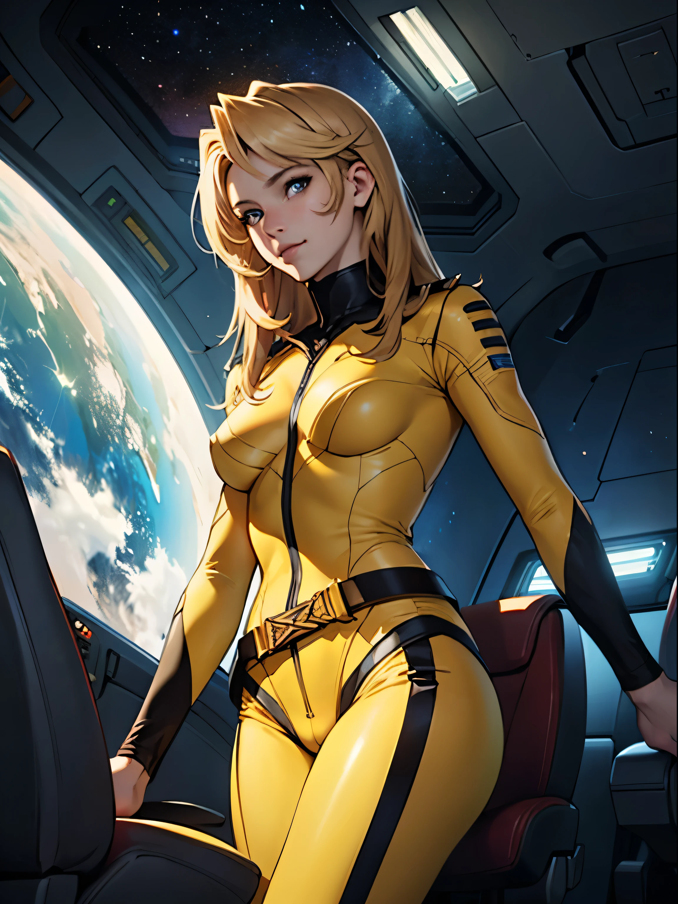 (masutepiece, Best Quality:1.2), (Cowboy Shot:1.1), Solo, 1girl in, mori yuki, slight smile, Closed mouth, Side view, Looking at Viewer, Blonde hair, Long hair, Thigh gap, Yellow bodysuit, skin-tight, Perfect body, Large window, (starship porthole:1.3), (Spread legs:1.3), (Standing:1.1), Thigh gap, Pose, from side view, Perfect hands, Bright spaceship interior, (outer space view:1.1), (orbital view:1.3), (Night, stary sky:1.5), Milky way,(Big breasts,erectile nipple:1.5)