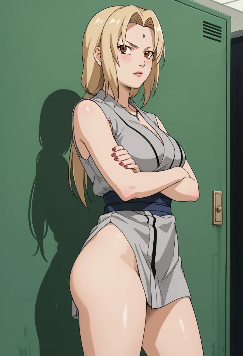 Tsunade in the hokage office and robe with no clothes Naruto style art