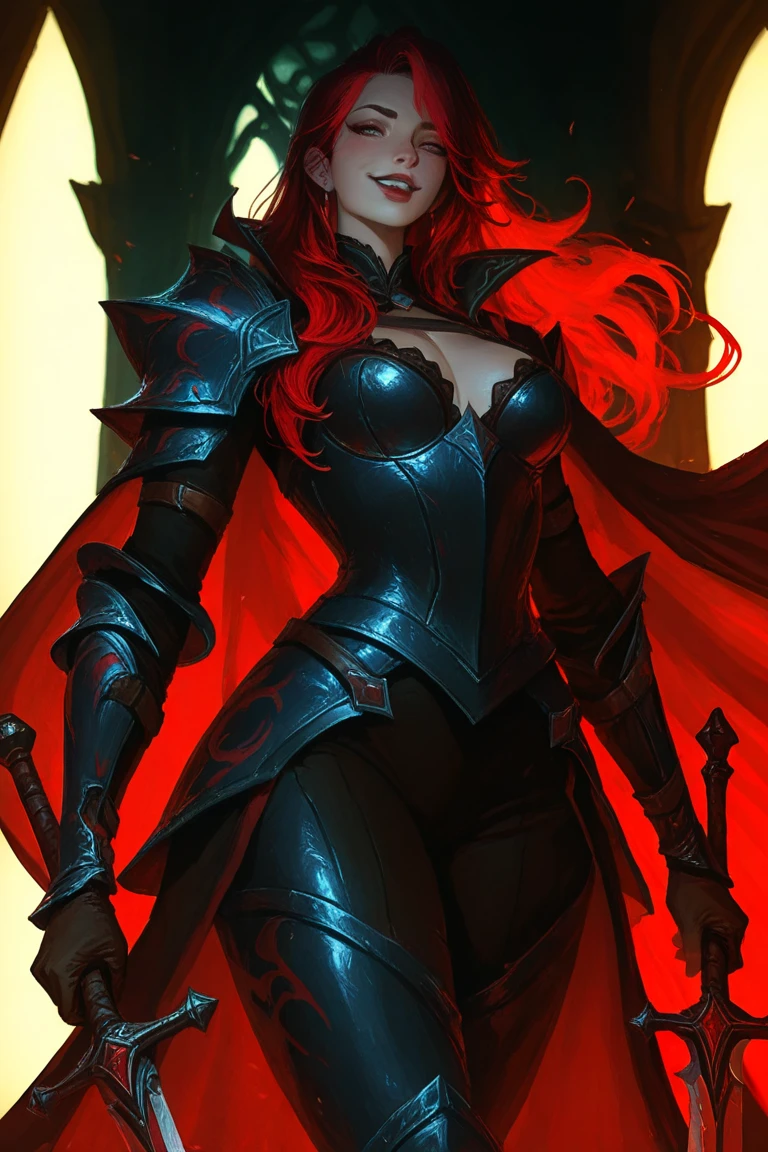 there is a vampire woman with red hair and a knife in her hand, crimson red hair and blood red eyes, full body, sexy armor, game art, bloodred moon background, 4k, ultra realistic, fighting pose sheathed sword on back