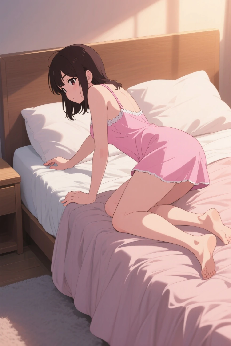 shinkai makoto, kimi no na wa., 1girl, bangs, black hair, blush, brown eyes, looking at the viewer, bare shoulders, pink sleeveless dress, short hair, solo, indoors, bedroom, shinny skin, smile, delightful, cute, thighhighs, Sleeping in large bed