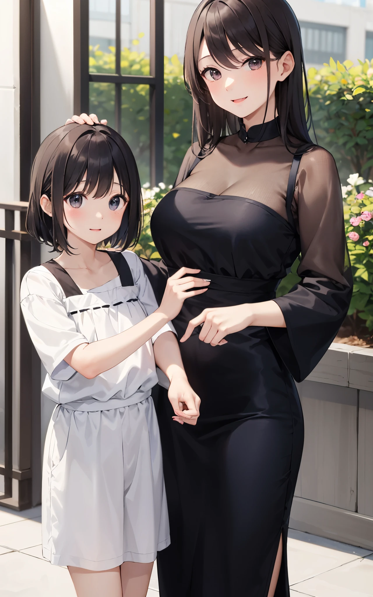 {two girls}, {adult and child}, {large age difference}, {10 year old girl, petite, short hair, black hair, bob cut, red camisole, white long sleeve shirt}, {25 year old woman, beautiful figure, large breasts, black dress, brown hair, very long hair}, big woman resting her breasts on little girl's head from behind, looks dissatisfied, big woman grinning,Illustrations like those in TV anime,