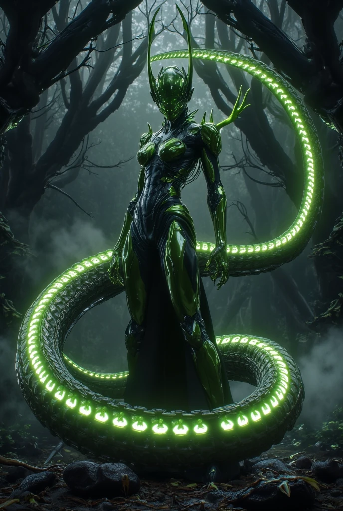 Cartoon photo of woman in green and red costume, hot insect humanoid woman, Guyver style, SFW version, red eye, scaraber reploid, tentacles imitating snake tail, cel shade adult animation, alien queen, serpentine pose, --auto --s2