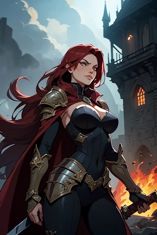 Erza Scarlet is one of the main characters of the series, she doesn't take no for an answer dressed in tailored steampunk style costumes, she has scarlat red hair and brown eyes, elegante e sexy (melhor qualidade) uma arte para um jogo de rpg.