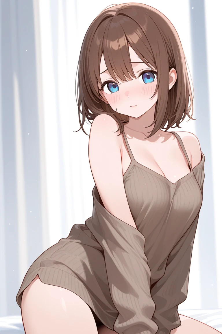 sitting , short brown hair
