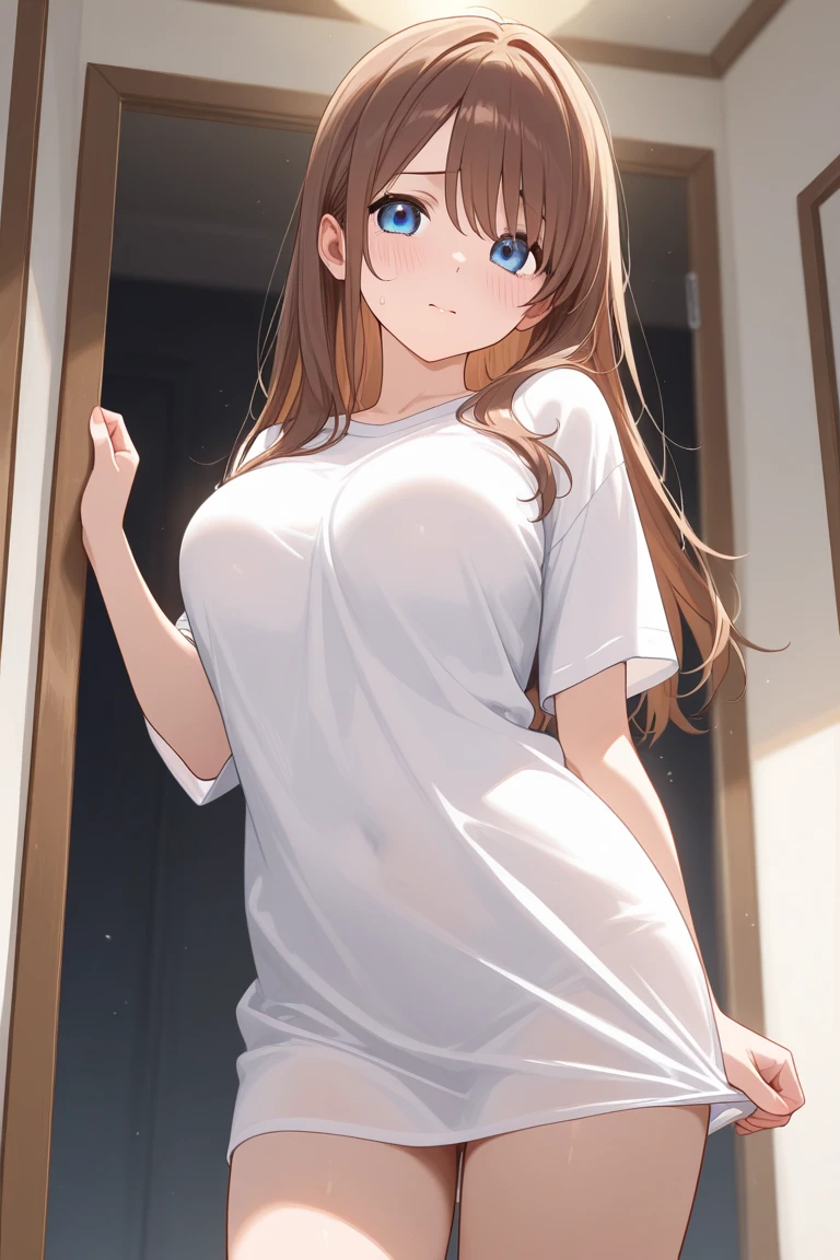 masterpiece, best quality, high quality, beautiful anime character, solo, anime girl with brown hair, soft hair, long hair, blue eyes, cat ears, big breasts, mature female, tall female, big girl, thick, (calming face, light smile, loving eyes), indoors, (white oversized t-shirts, white panties), cat tail, legs, sleepy, bottomless, panties peek, from below view, 
