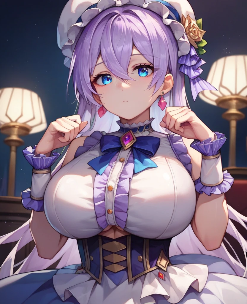 1 girl, light purple hair, curly hair, blue eyes, small eyes, mature face, dropping eyes, big breasts, cameltoe, blurry background, blushed, smile, erect nipples, brown maid uniform, garter belt, long skirt, antique, chandelier, teapot