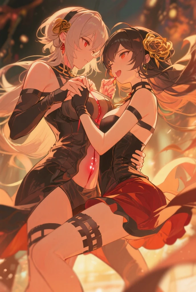 "2 girls, ((Masterpiece)), [Slim], (Small breasts), Pale skin, ((Detailed eyes)), (Background blur), ganyudef white long hair, Red eyes, villainous, Dark theme, [eyes liner], Evil".. Embracing. Blushing, profusely sweating. Naked Lesbian.  (Groping fondling pulling breasts). Spit. (Bunny suit). [Sucking on nipples]. [multiple penetration  creampie] [stripping of clothes]  {bending over), recoil, violent.  . Interlocked tongues. Kneeling. Heart pupils. Gagging. Crawling. (Jack-o-pose)