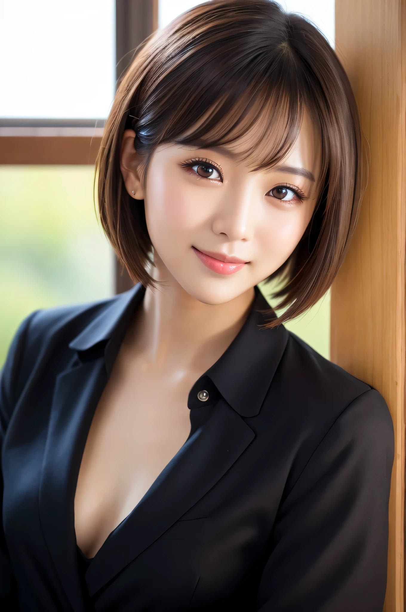 ((masterpiece)), ((Highest quality)), ((Complex)), ((Surreal)), (Realistic), (Mature Woman), ((There are no classes)), Very detailed, (1 female), Beautiful and exquisite, (Beautiful Teeth), Grin, Brunette Bob Hair, Brown eyes, ((blouse)), (Upper Body), (background:none), Perfect Eyes, Captivating eyes, Looking at the audience