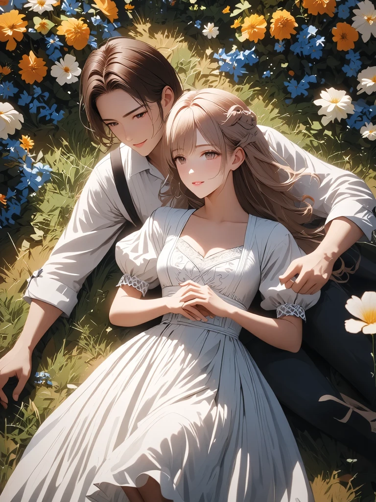 at a farm,Short haired gentleman hugging his daughter in his arms,daughter has Long-haired with medium green eyes,Best Quality, 4K, Super masterpiece