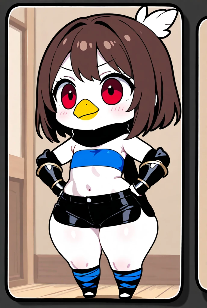 score_9, score_8_up, score_7_up, BREAK, LPB, brown hair, hair bun, blue eyes, wide hips, thick thighs, massive thighs, busty, 2bcosplay, 2b \(nier\:automata\) \(cosplay\), gloves, long sleeves, dress, puffy sleeves, black dress, clothing cutout, cleavage cutout, juliet sleeves, feather-trimmed sleeves, blindfold, black blindfold, covered eyes, full body shown, On her knees, blowjob