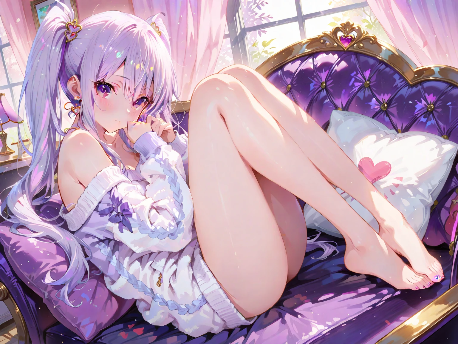 incredibly absurdres,((((lying))),focus on face,on the bed,((feet up)),((((knees up:1.7))),from above,Correct foot anatomy, Foot anatomy,Detailed feet,  Bare feet, (see through),(Dynamic Composition: 0.3), bare feet,Rich in Detail and Color,(Solo: 1.2),(Best quality),(4k), (highly grand details CG painting),(((the Greatest masterpiece,))),(reality:0.4) (ultra detailed),(intricately details),(Natural,cute face),(cinematic lighting),(blooming,synthetic wave),((solo,1 girl,))Long eyelashes,watery eyes,reflected eyes,eyes shadow,light purple eyes,((one purple bow tie)), (white off-the-shoulder shirt: 0.2),beautiful hair,short hair, (white dress), white haired deity,[[delicate fingers and hands:0.55]::0.85],(detail fingers),((elegant and conservative cloth)),seductive smile,(top quality,official art, beautiful and aesthetic:1.2), (radiosity,automatic white balance),blushing,