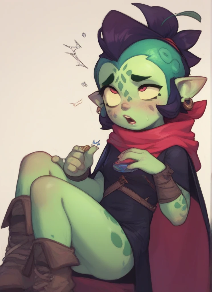 Solo, masterpiece, best quality, 1girl, (Disgust_InsideOut, green hair, green skin, pink scarf, nude body, eyelashes, (disgust )), midget, high colours, pixar, cartoon, 3d render, sfw, sitting, spread legs, pussy, pissing, yellow piss puddle, pissing on puddle,