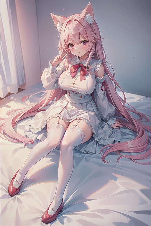 White hair,Cat's ears,Pink eyes,Light blue ta,white panties,pink bows,inside in room,Beautiful and perfect legs, Clean and perfect hands