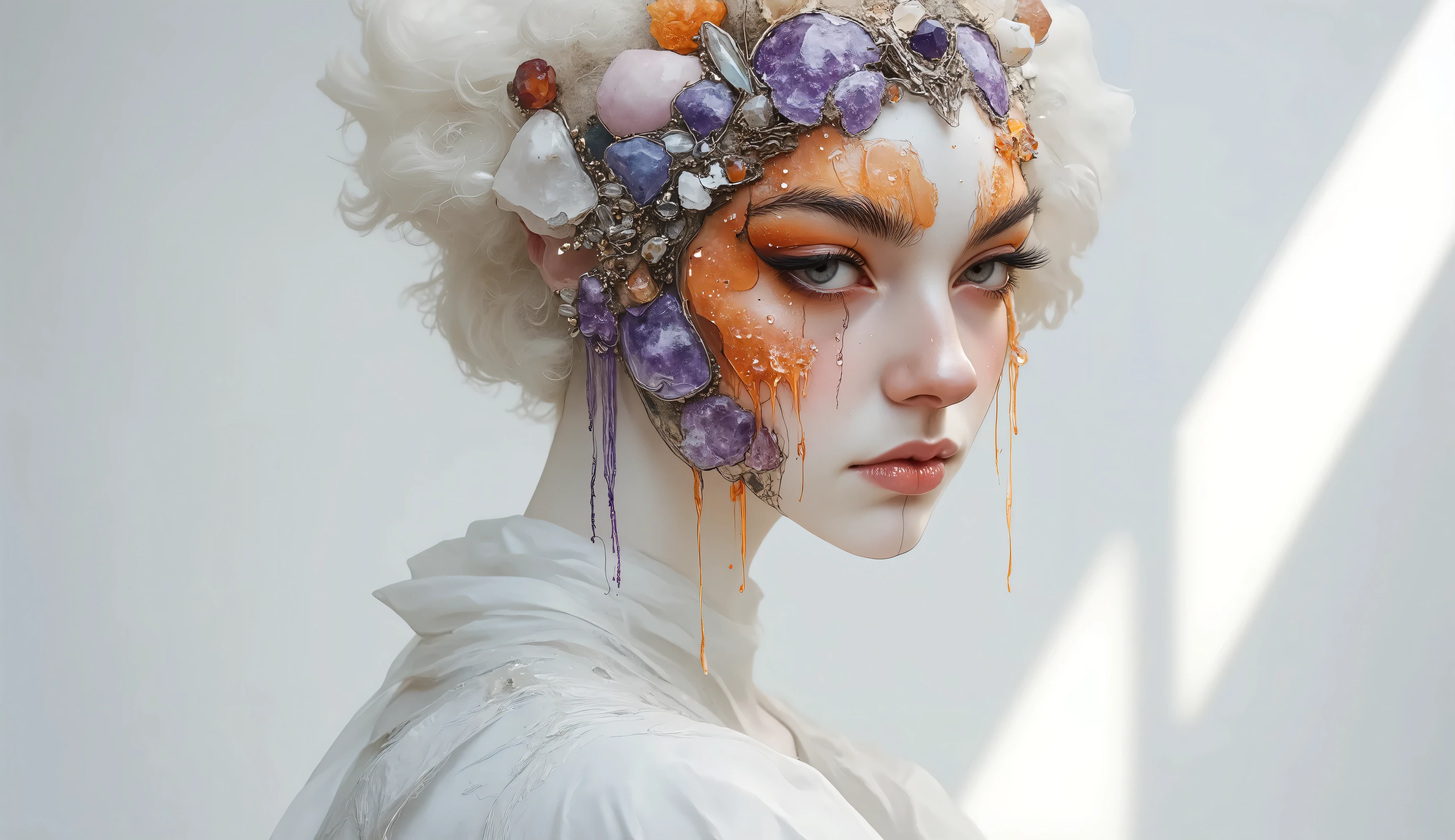 imagine a surreal portrait of a woman whose face is a mosaic of various textures and materials, including amethyst crystals, fiery opals, and flowing orange dye. She stands in a minimalist white room, with a single beam of light illuminating her face. Her expression is serene and contemplative. The scene is rendered with photorealistic detail, capturing the intricate textures and subtle color variations. In the style of surrealist photography, reminiscent of Man Ray and Salvador Dali, with a touch of modern digital art.