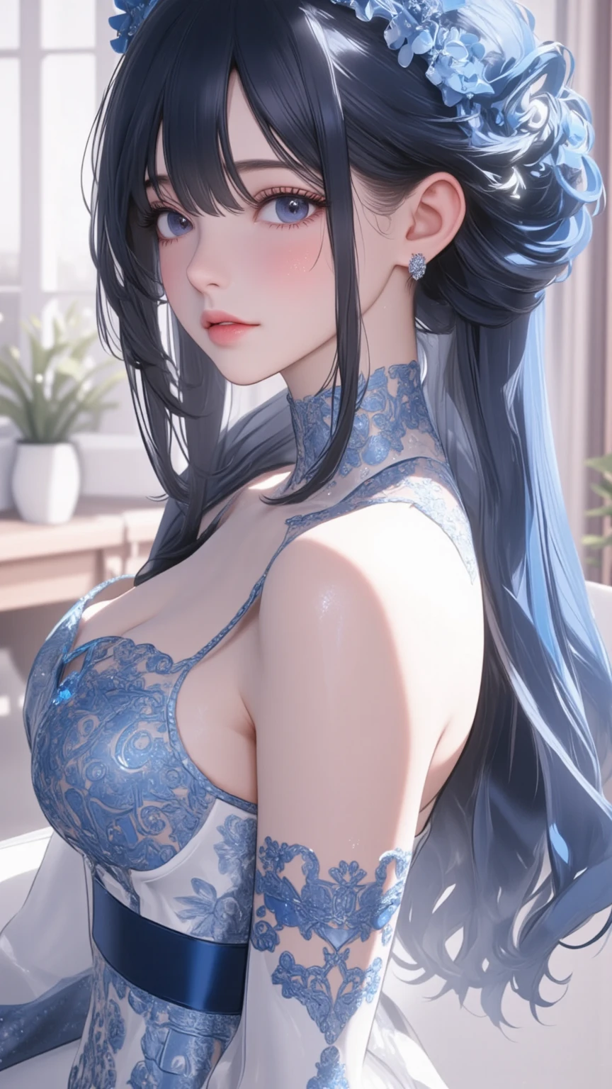 masterpiece、highest quality、High resolution、high quality images、8K, 1 female、skin luster、Texture of skin and clothing、Expression of fine eyes、shiny black hair,long hair girl, Manga inspired by Lee Jong-suk, trending on deviantart, realism, detailed manga style, manga art style, perfect line drawing, beautiful line drawing, digital manga art girl, K-POPアイドル, dress, beautiful light blue eyes, plump lips, detailed gorgeous face, (cute smile), charm, innocent, Side view, (perfectly detailed face), (fine hands) photorealistic images, Depth of written boundary, half up hairstyle, 華やかなモーニングdress , corolla , cloud,sky sky,night ,star, garden,Rose,The skin is delicate,There are light blue roses blooming in front of the building., rose background, rosette, beautiful flower garden, Pastel Roses, light blue flowers, beautiful and aesthetic, Heaven's Light Blue, beautiful aesthetics, Light blue color, White shades, lying on a rose, rose background, pastel overflow, White roses
