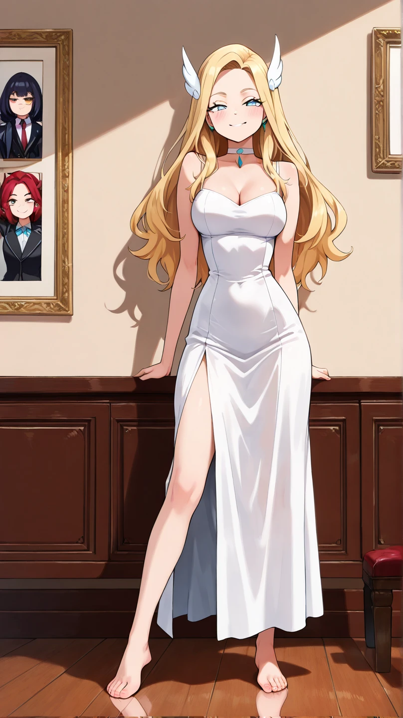 masterpiece,best quality,high resolution,8k1woman,(realistic:1.3),pale skin,fighter,(blonde braided bangs low ponytail hair:),(seductive cool smile:1.3),red eyes,(large breasts:1.3),(large ass:1.1),small nipples,red long dress,choker,bare shoulders, hair ornaments,clavicle, necklace, Cleavage, , Detachable black sleeves, indoor, chandelier,, Are standing,clothed,Open fan,