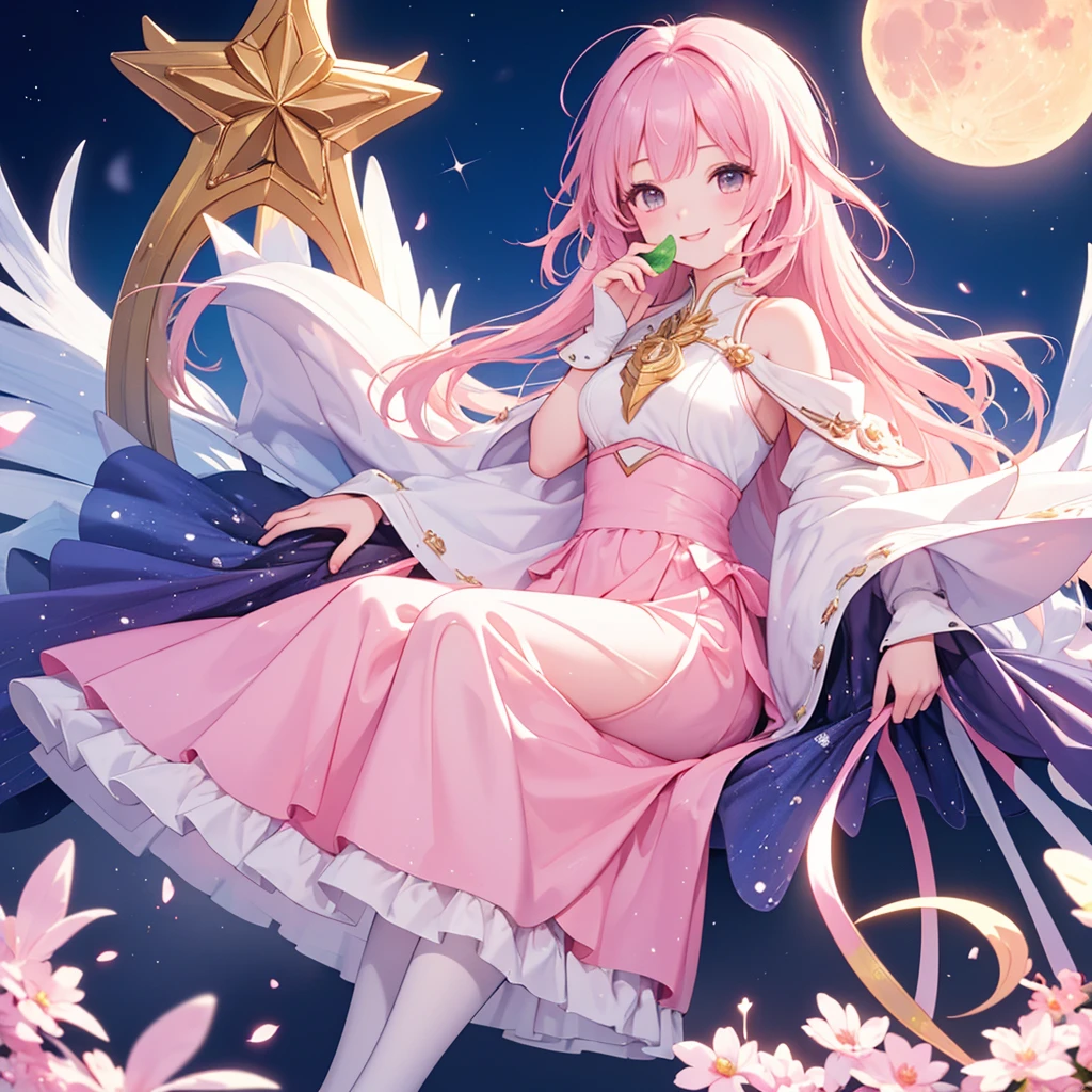 her hair and eyes brighten. Her hair grows to her thighs with a large sphere at the bottom of each tail held with pale pink rings and golden stars. She wears a frilly pink headband with two more golden stars and a light blue Saturn-shaped ornament on the left. Her dress has a light pink and fuchsia bodice with two stars in the front and wing-like straps in the top and below the shoulder. On top is her Star Color Pendant. At the bottom are large fuchsia sakura petals around her waist. The left has a light pink pouch for her Star Color Pens and on the back is a pale yellow ribbon. Her skirt is light pink and magenta with a frilly white layer underneath. She also wears fuchsia and light pink shoes with a star on top of each foot. On her right leg is a fuchsia stocking that almost covers her leg with a wide yellow star. Her accessories include fluffy white bracelets with matching anklets, gold dangling hoop earrings, and a fuchsia choker with a star in the middle.
