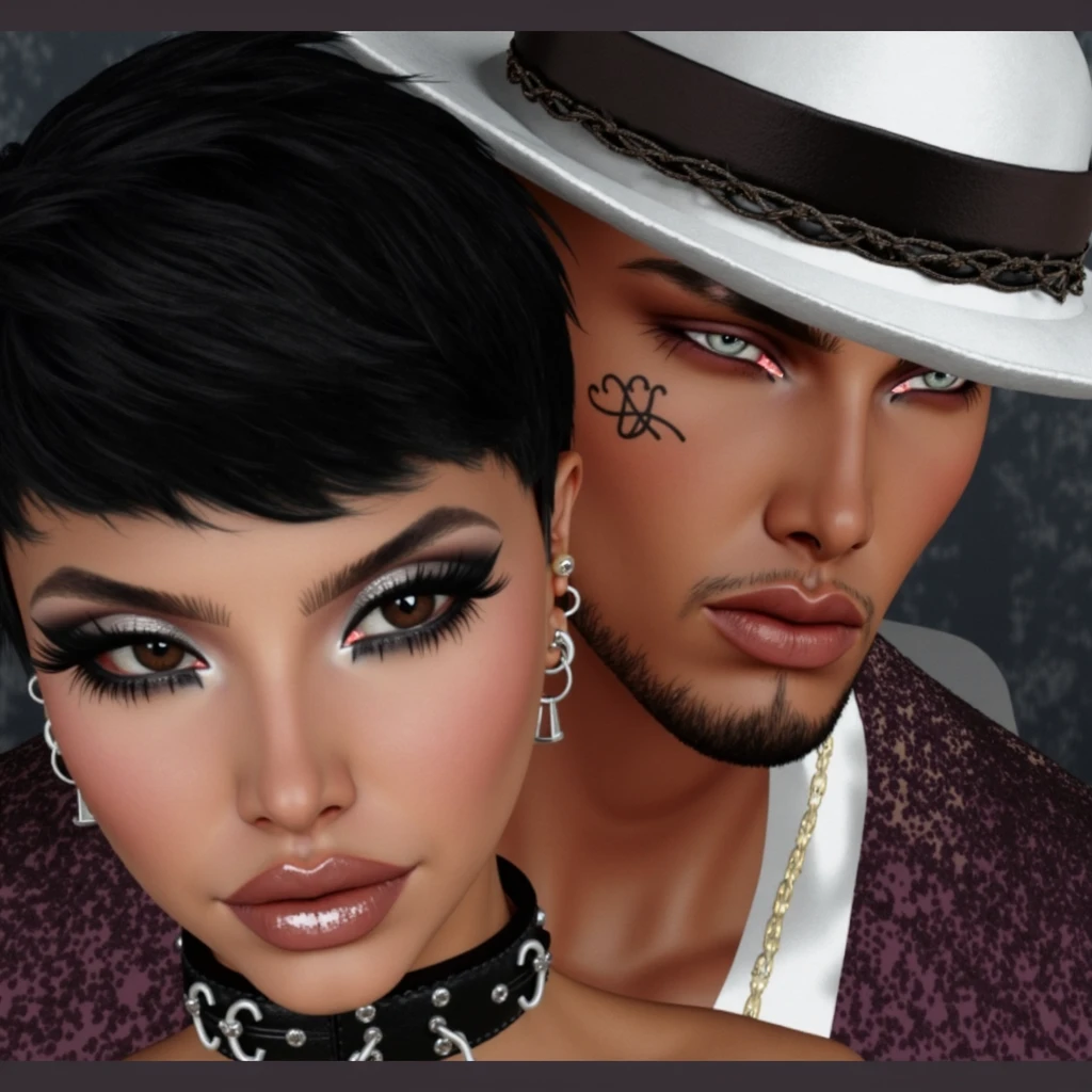 there are two people with tattoos and a crown on their heads, imvu, dressed in crustpunk clothing, cybergoth, punk party, lizard king / queen forgiveing, gothic harts, mall goth, goth, vampire fashion, cyber punk setting