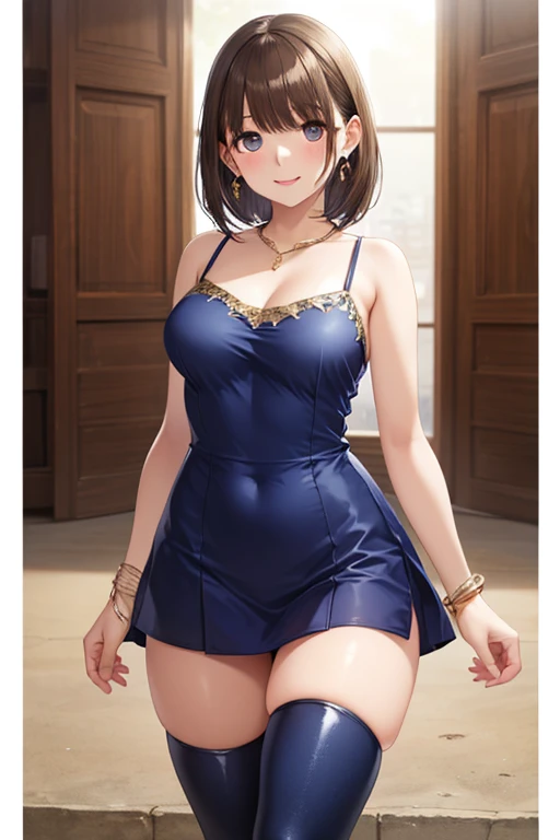 sexual appearance. Stunning Magica Fantasy full body portrait of a busty woman in dark blue racy sexy lingerie, wearing a garter belt, age 27, accentuating her feminine features, plunging neckline, slender figure, small ears, Brown Hair, Short Wavy Hair, Smiling Happily, Dynamic Pose, Ticker, Fantasy, Extreme Detail, 4Kde, Ultra HD, Trending on ArtStation, Polished, Radiant, Vibrant, Background Lighting, (8Kdende UltraHD), Unreal Engine 5 portions, intricately detailed, 3D vray detailed