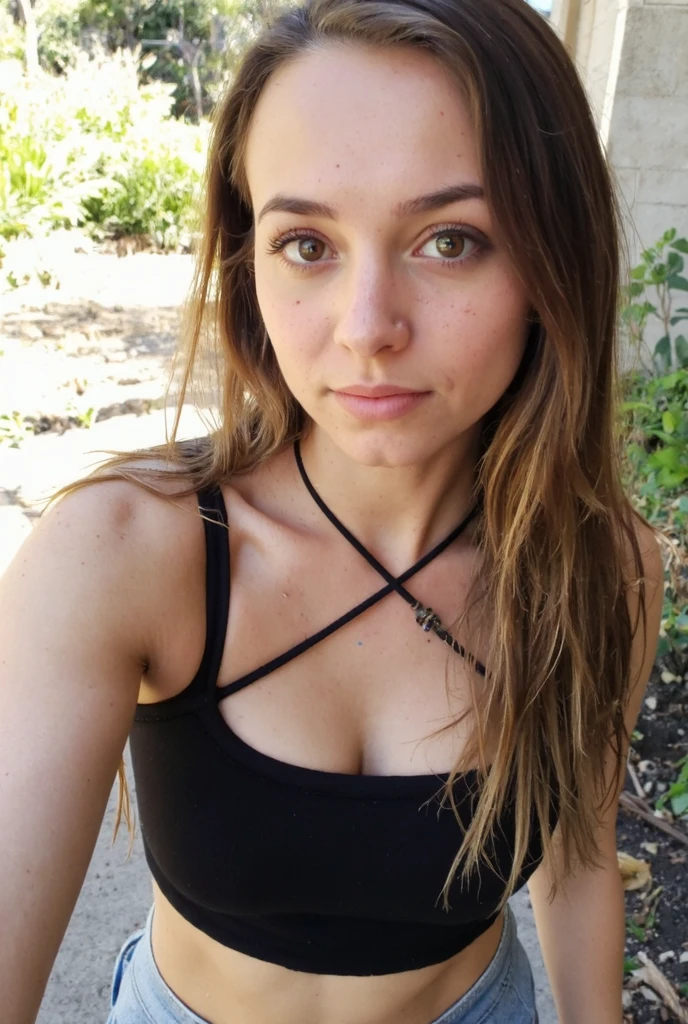 Sabrina Carpenter, close-up, black bra top, nature background, nature, soft front light